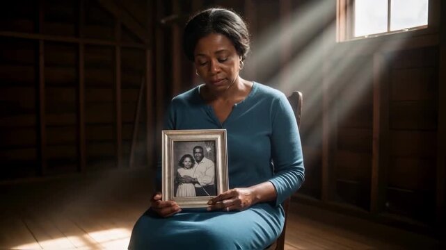 Grieving senior african american woman holding a framed family photo, sitting alone in a dusty room with a light beam, reflecting on memories, loss, and the concept of mourning