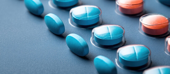 Blue and orange medical pills in blister packs, symbolizing pharmaceutical products, healthcare, and medication for health treatment.