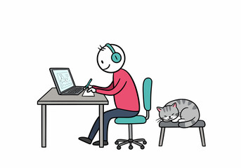 Person working on laptop with cat sleeping nearby