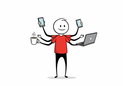 Multitasking stick figure with many arms juggling devices and coffee