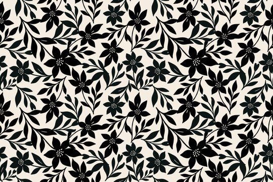 Seamless floral pattern with black stylized blossoms and leafy vines on a soft beige background, perfect for textile, wallpaper, or elegant surface design.