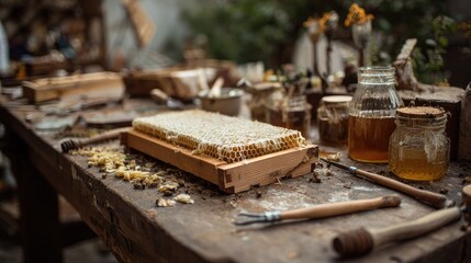 Honeycomb on rustic workbench (1)
