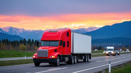 transportation concept, powerful semi-truck driving on highway at sunset with other vehicles, for Advertise, for banner, with copy space