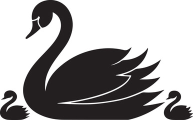 Fototapeta premium Silhouette illustration of a graceful black swan with two cygnets on a white background