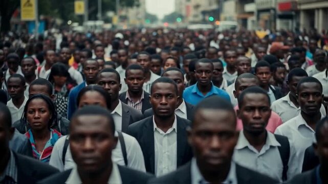 A large, dense crowd of african men walking forward on a city street, representing concepts of workforce, commute, society, population growth and urban life