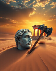Broken Roman Statue in Desert with War Axes at Sunset, space for text
