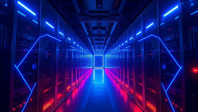 Futuristic server room corridor illuminated by blue LED lights, creating geometric light trails.