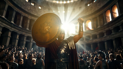 Victorious Roman Gladiator Lifts Arm in Colosseum Arena Light, epic background