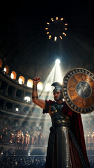 Victorious Roman Gladiator Lifts Arm in Colosseum Arena Light, epic background