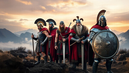 Ancient Warriors of Power in Full Armor and Formation, epic scenic background