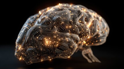 3D brain model, lit with glowing particles