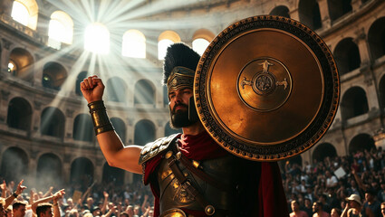 Victorious Roman Gladiator Lifts Arm in Colosseum Arena Light, epic background