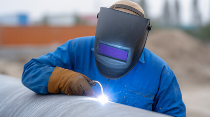 Welder Man in Safety Gear Performing Arc Welding on Large Metal Pipe Outdoors for Construction and Engineering Projects