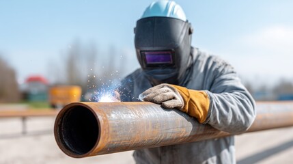 Man Welding Pipe at Construction Site Under Bright Sun with Protective Gear and Electric Sparks Visible