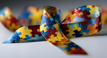 Autism puzzle ribbon on white background symbolizing autism ADHD neurodivergent identity therapy and awareness