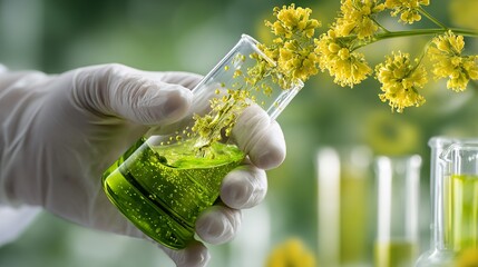 Hand in glove holds botanical extract in glass beaker with yellow wildflowers on blurred background.