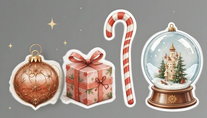 Vintage style , of four festive holiday items: Christmas ornament, wrapped gift box, candy cane, and snow globe
