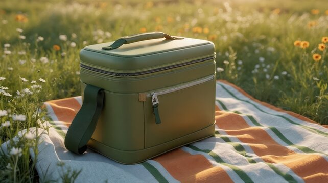 Green cooler bag on picnic blanket in sunny wildflower meadow - Powered by Adobe