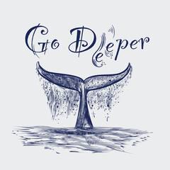 Whale tail in the water, vector illustration. Apparel print whale&rsquo;s sketch