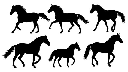 Vector set of horses silhouettes. Horse different poses isolated on transparent  background. Chinese New Year of the horse 2026 symbol