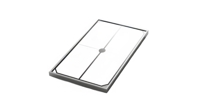 A close up view of a solar panel with a metal frame against a black colored background space