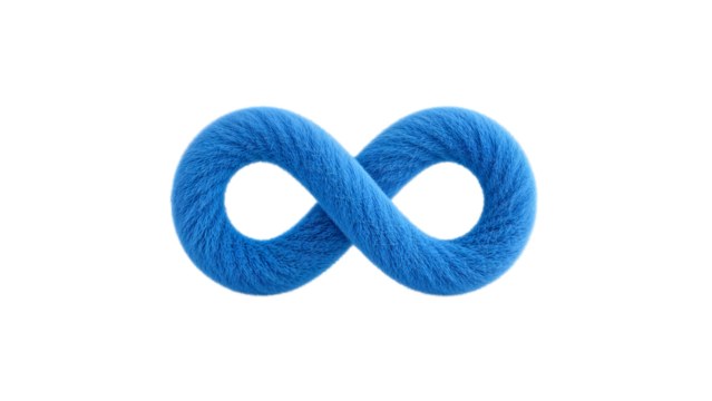 A stylized blue infinity symbol, textured and three-dimensional, against a white background.