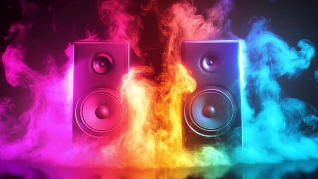 A vibrant display of colorful speakers surrounded by smoke creates a captivating atmosphere for an energetic audio experience