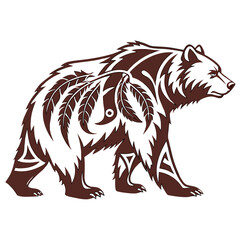 Obraz premium A bear with tribal patterns and feathers walking