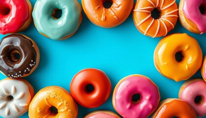 A vibrant assortment of glazed donuts in assorted colors against a bright blue backdrop, blue background, candy