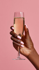Champagne glass holding hand with pink nails on pink background, elegant celebration mood