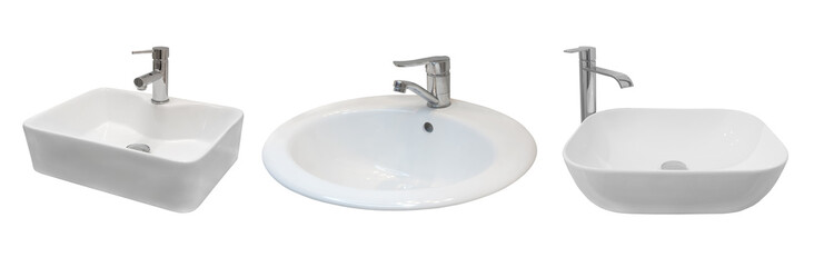 white washbasin with water tap isolated on white background, set