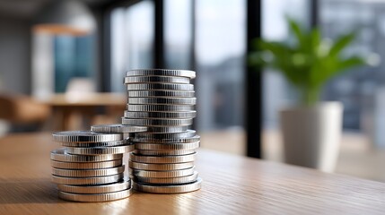 Stacks of Silver Coins on a Wooden Table in a Modern Office Environment with Natural Light
