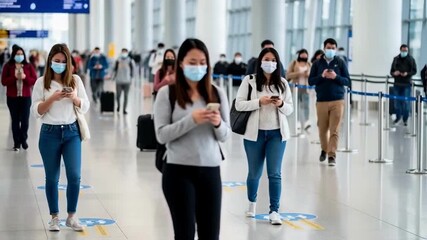 A crowd of diverse travelers in face masks walk through an airport terminal with social distancing signs, reflecting pandemic life, public health, and modern travel - Powered by Adobe