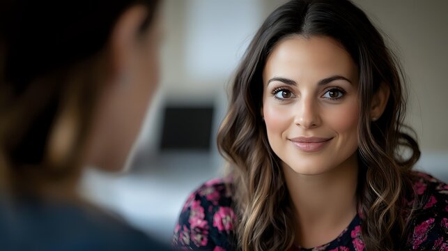 Young Caucasian woman with wavy brown hair and natural makeup smiling warmly during conversation, wearing floral pattern blouse. Soft bokeh background creates intimate mood.