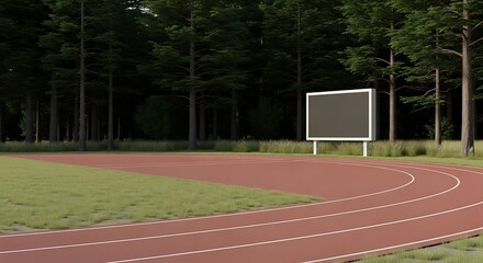 Fototapeta premium A Running Track's Edge with a Scoreboard and Forest Backdrop, Serene view of a track and field stadium surrounded by towering evergreen trees
