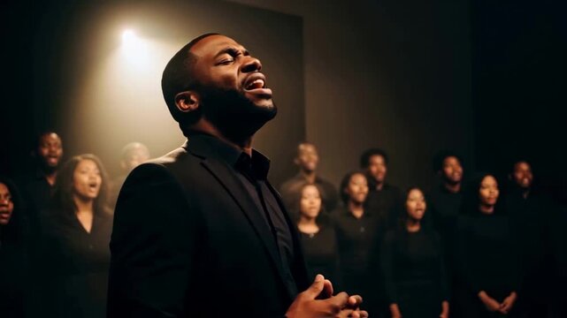 A passionate african american male soloist sings with a gospel choir under a dramatic spotlight, expressing deep faith, soul music, and spiritual worship