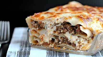 Homemade meat lasagna with layers of pasta, ground beef, melted cheese and tomato sauce, served on glass baking dish against dark background.