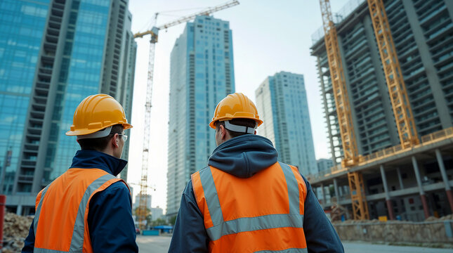 Modern construction site with workers in safety vests and helmets, high-rise building under construction