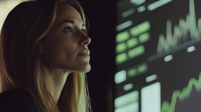 Businesswoman leads team meeting, analyzing charts and data trends in a modern office setting