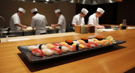 Freshly Prepared Sushi Platter with Chefs in Background Restaurant Setting