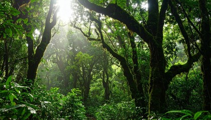 Fototapeta premium Lush rainforest canopy with dew-kissed leaves and soft sunlight filtering through, showcasing vivid green textures. 