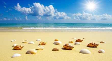 Obraz premium Seashells scattered on a sun-drenched beach with turquoise water backdrop