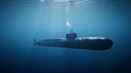 3d render depicts a military submarine navigating underwater in the deep blue ocean with light rays from the surface, for themes of military technology, espionage and defense