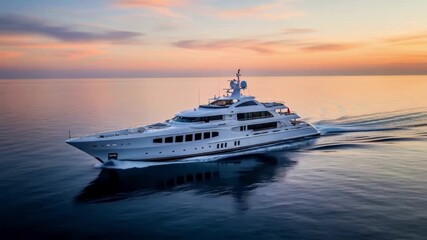 Aerial view of a luxury superyacht sailing on the calm sea during a beautiful golden sunset, representing wealth, success, exclusive travel, and a lavish lifestyle