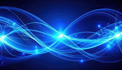 Abstract Blue Wavy Light Trails on Dark Background with Glowing Digital Lines