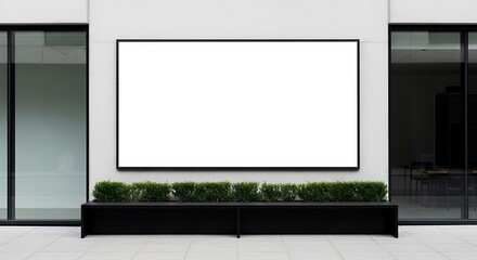 Blank billboard on a building facade with planter and glass, Outdoor advertising mockup in modern architectural setting, perfect for promoting branding or events