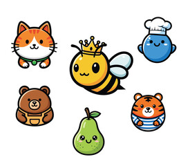 Cute kawaii character collection with animals, queen bee, and fruit. Cartoon vector sticker set for kids
