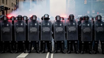 Riot police in full gear with shields and helmets stand in formation during a street protest, representing law enforcement, authority, social unrest and civil conflict