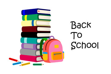piles of books, bags and colored pencils for children in the new semester