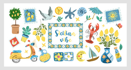 Sicilian Vibe Set a vibrant hand-drawn vector collection with lemons, tiles, seafood, sun, scooter, and coastal summer elements inspired by Sicily, perfect for packaging and travel design.